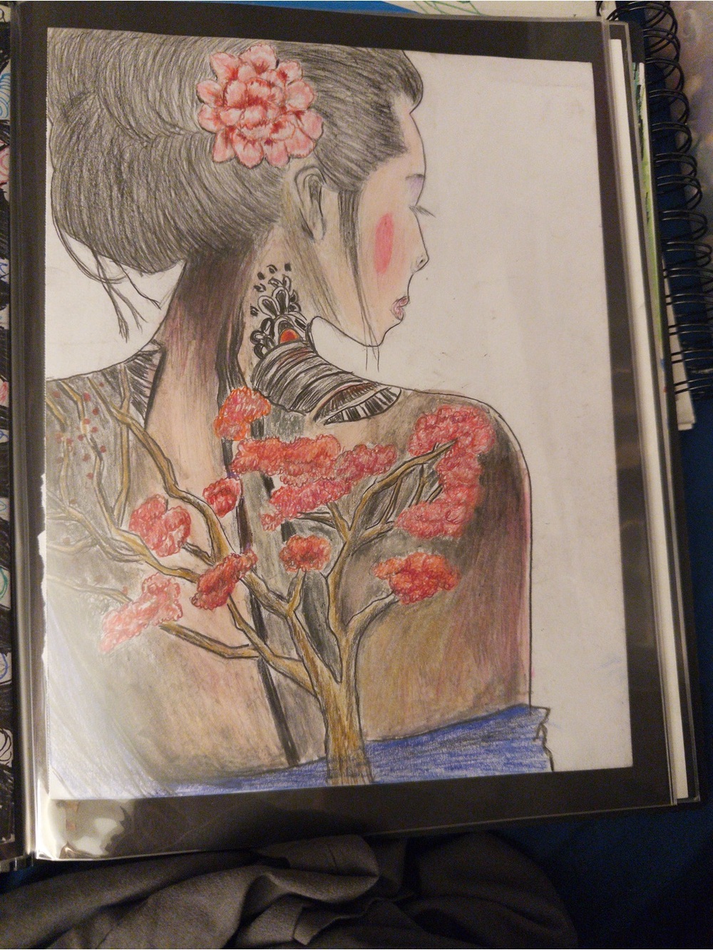 Hand-Drawn Portrait of Geisha with Cherry Blossoms - Red and Black Accents